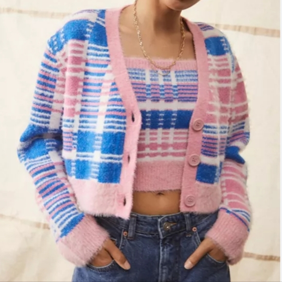 Urban Outfitters baby pink & blue cropped top and sweater size L super soft EUC - Picture 2 of 8